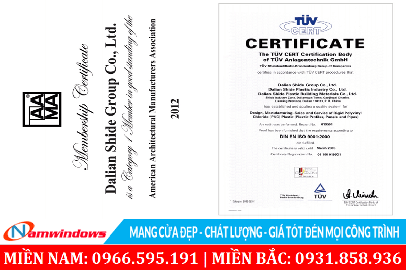 Hình ảnh một số chứng nhận chất lượng của Sparlee Profile