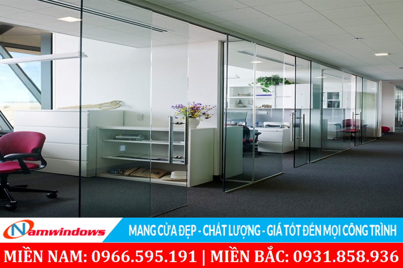 Vách ngăn phòng kính cường lực sử dụng nẹp nhôm