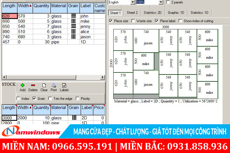 Phần mềm chia cắt khổ kính, cắt tấm ván