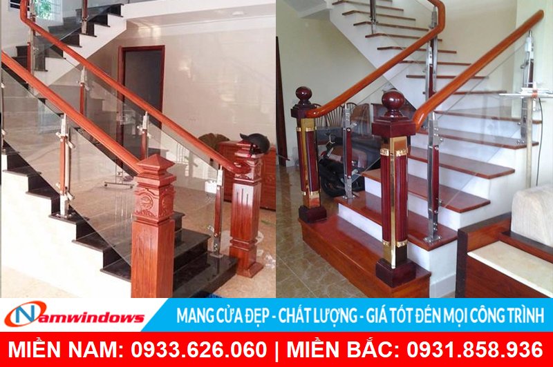 Mẫu lan can kính trụ cao bắt trên mặt cầu thang