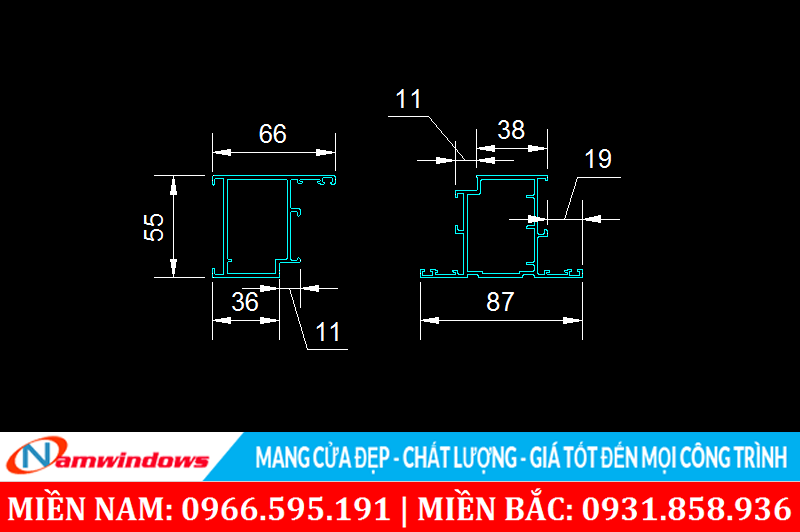 Kích thước mặt cắt thanh nhôm Xingfa hệ 55
