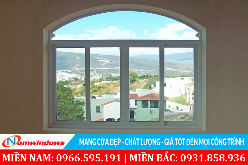 Mẫu 37: Cửa sổ lùa 4 cánh có vách kính vòm