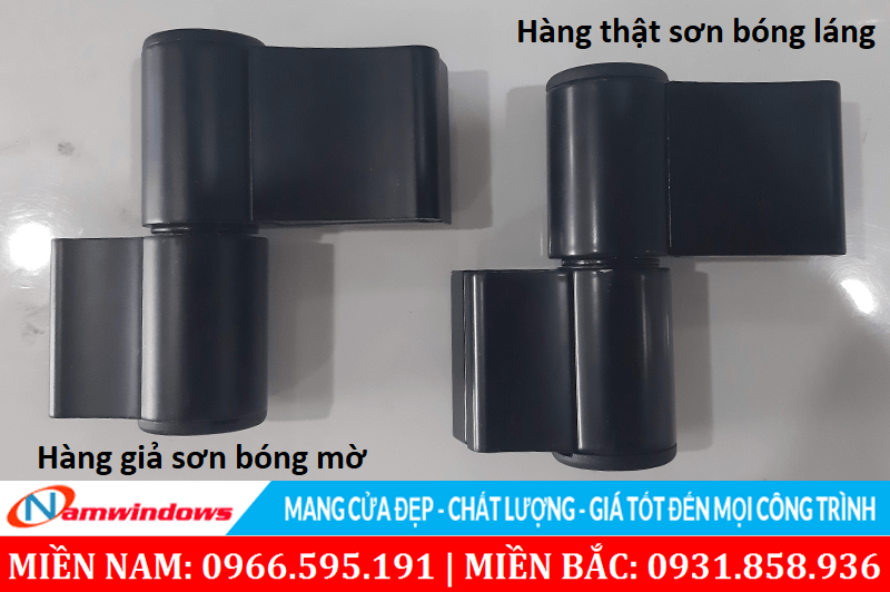 Bản lề Kinlong thật nước sơn bóng, còn bản lề giả nước sơn mờ