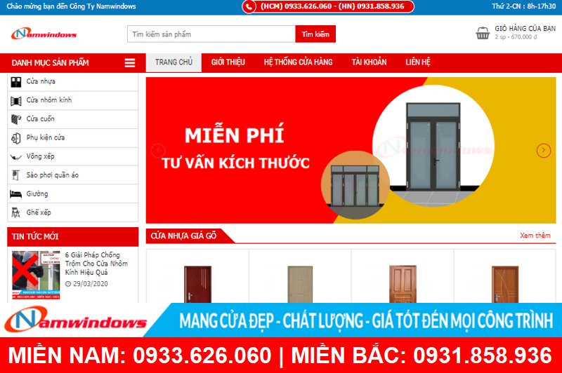 Giao diện website đặt mua online tại nhà cung cấp phụ kiện nhôm kính Namwindows