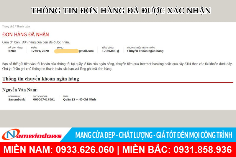 Xác nhận đơn đặt hàng thành công tại nhà cung cấp phụ kiện nhôm kính Namwindows
