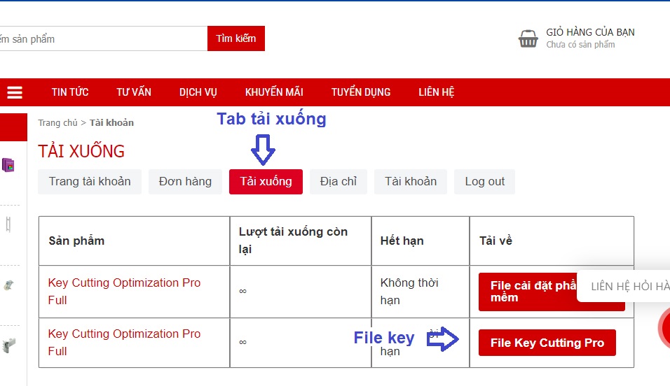 File key Cutting sẽ nằm trong tài khoản ở tab tải xuống