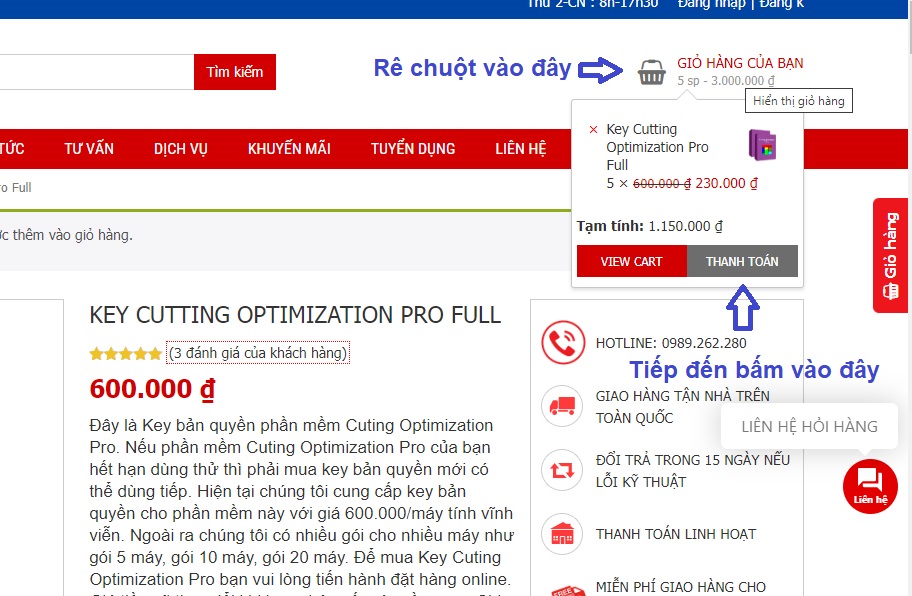 Rê chuột vào giỏ hàng ở trên cùng bên tay phải