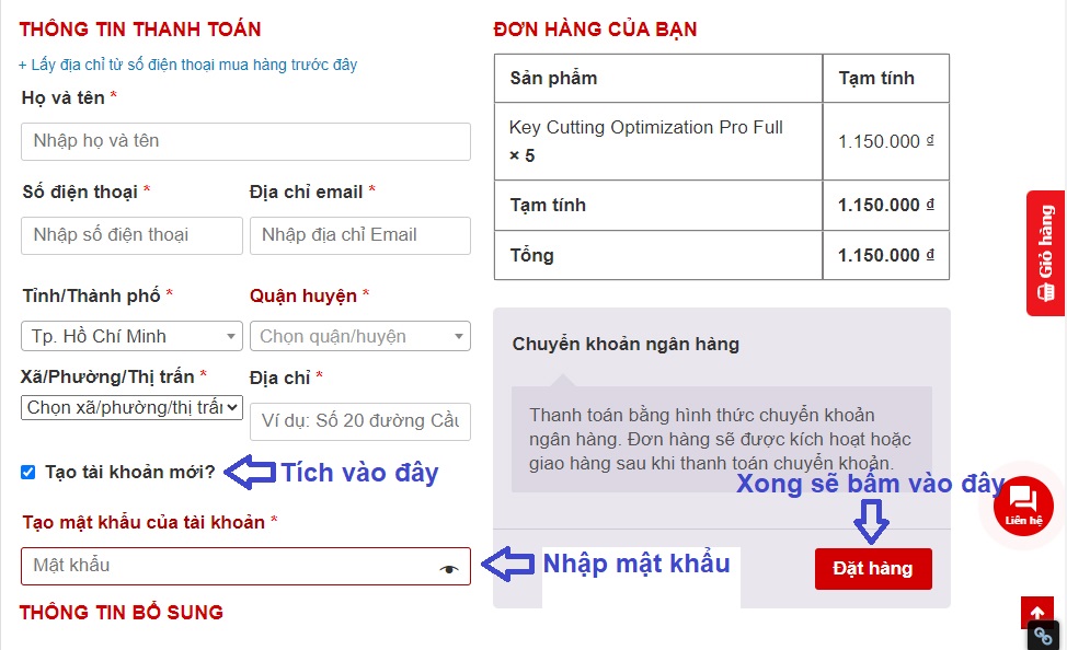 Tiến hàng nhập thông tin để mua hàng