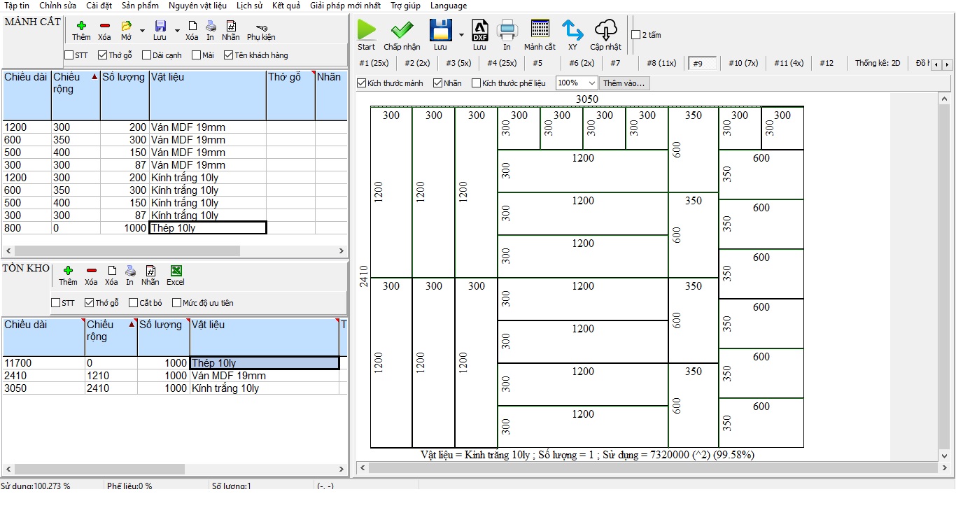 Hình ảnh phần mềm Cutting Optimization Pro khi sử dụng để tính toán chia cắt vật liệu tấm và thanh