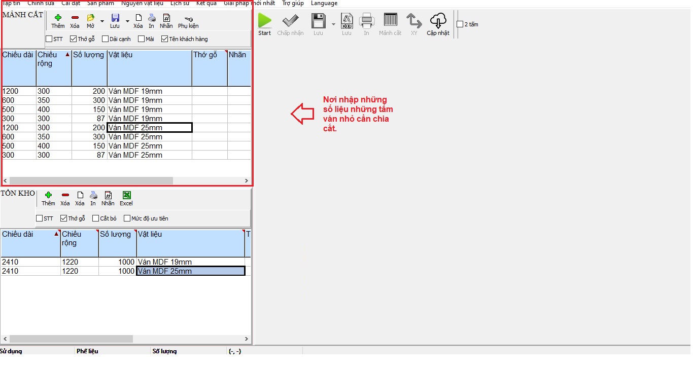 Nhập số liệu các tấm cần chia cắt