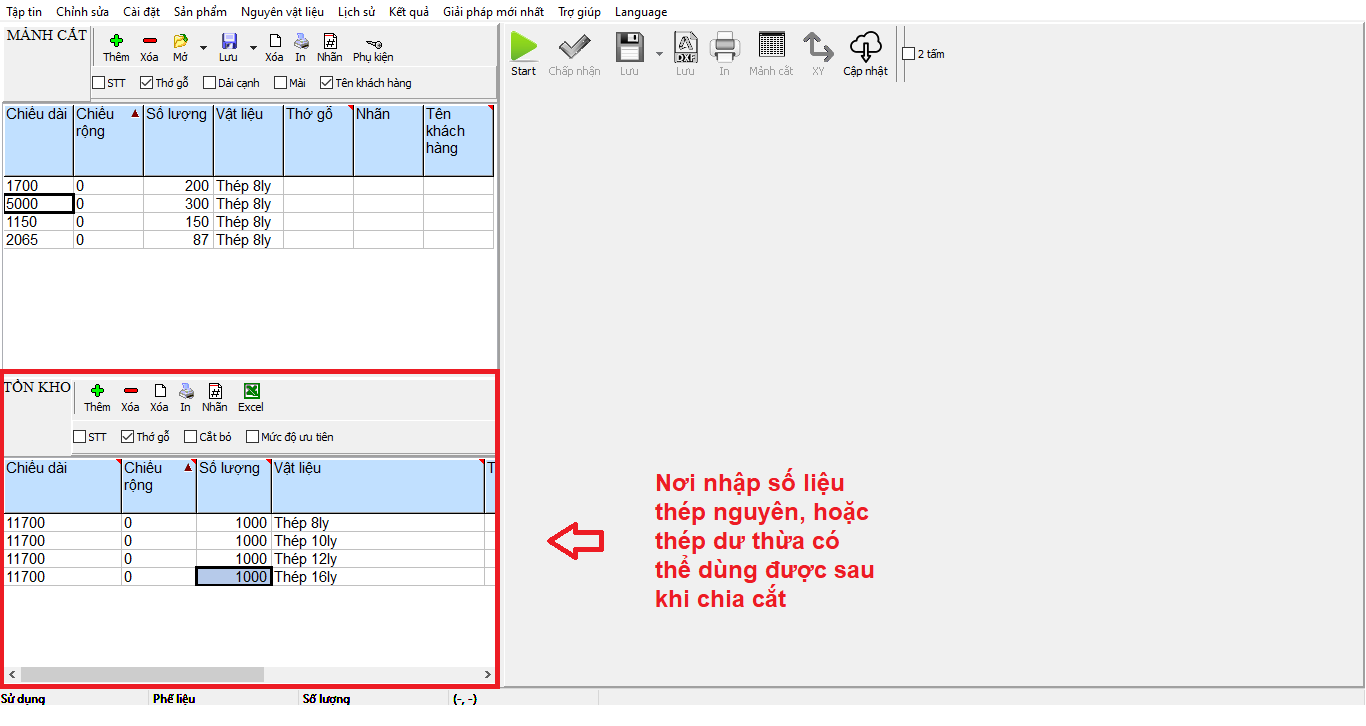 Nhập số liệu tồn kho vào phần mềm cắt thép