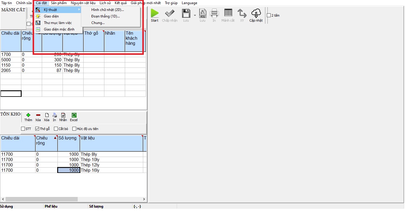 Nơi cài đặt các thông số và hiển thị cần thiết khi chia cắt