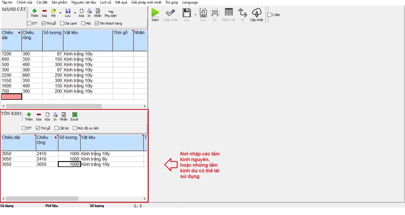 Nơi nhập các tấm kính còn nguyên và những tấm dư thưa có thể tái sử dụng