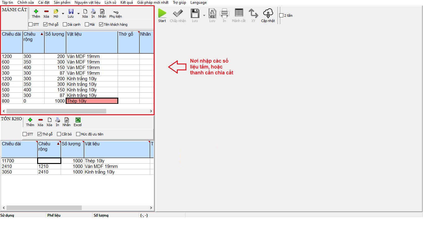 Phần nhập các số liệu tấm, thanh cần chia cắt