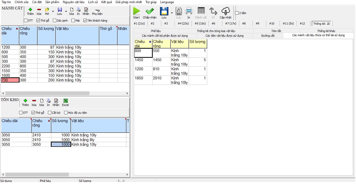 Thống kê được những tấm dư thừa có thể tái sử dụng cho lần chia cắt tiếp theo