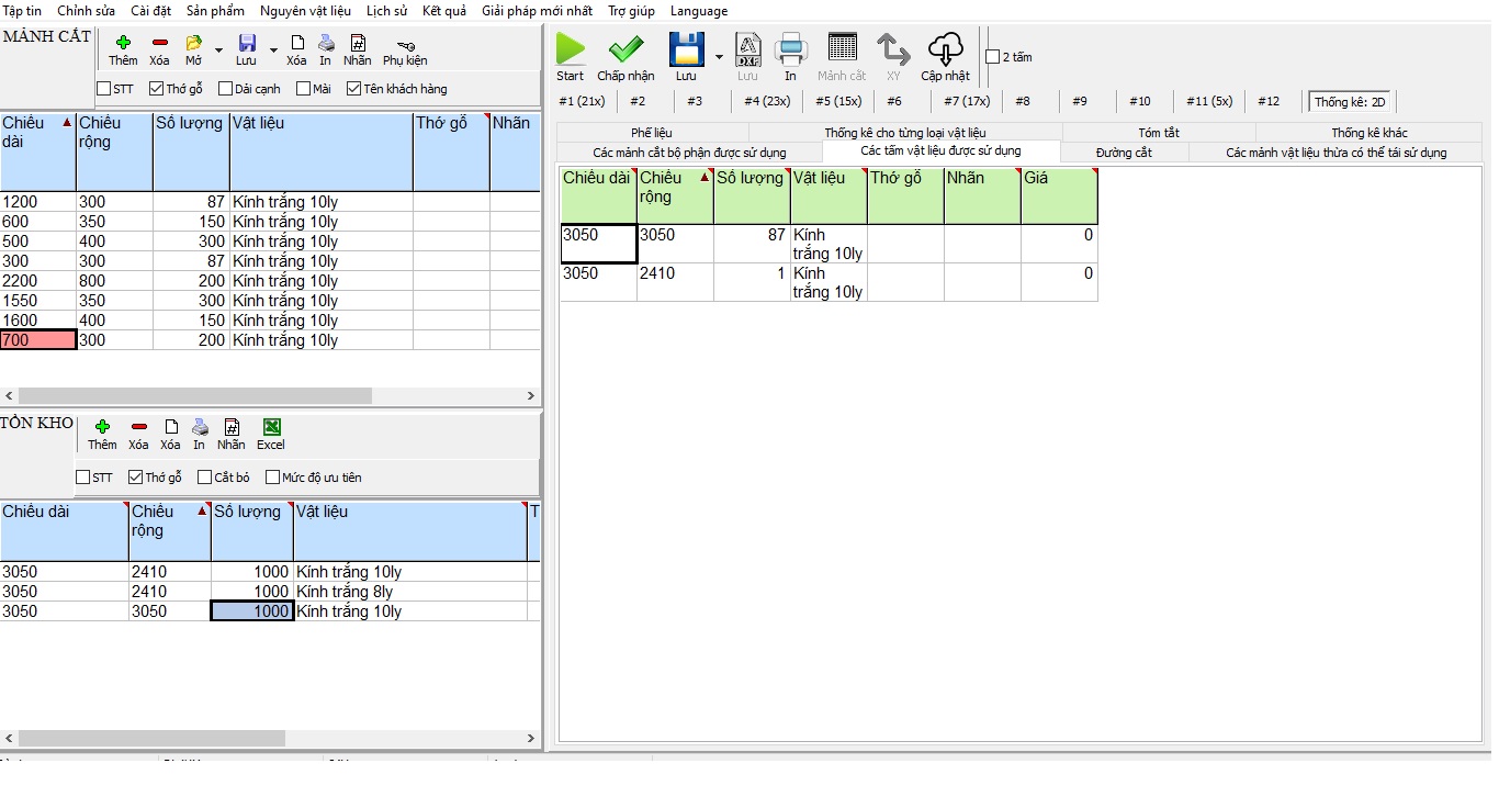 Thống kê được số liệu, hoặc tính toán được các tấm kính cần sử dụng