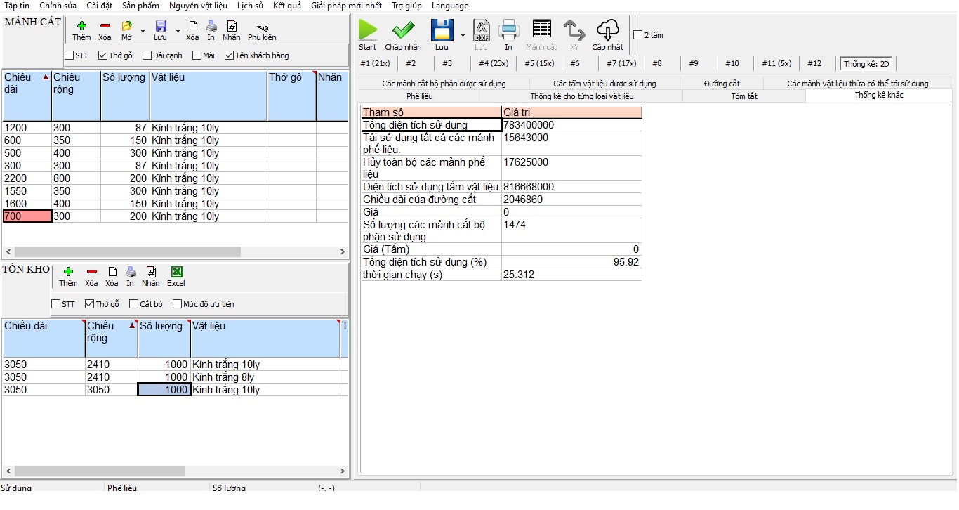 Thông kê tổng hợp phần sử dụng, phần dư, giá cả khi cắt kính