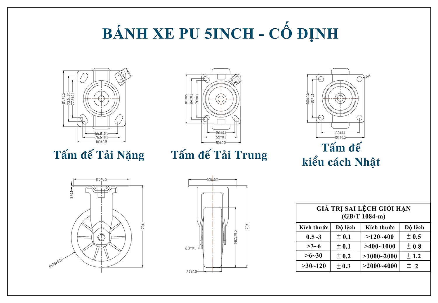 Thông số kỹ thuật bánh xe đẩy nhựa PU BXD024-125 lõi nhựa cố định