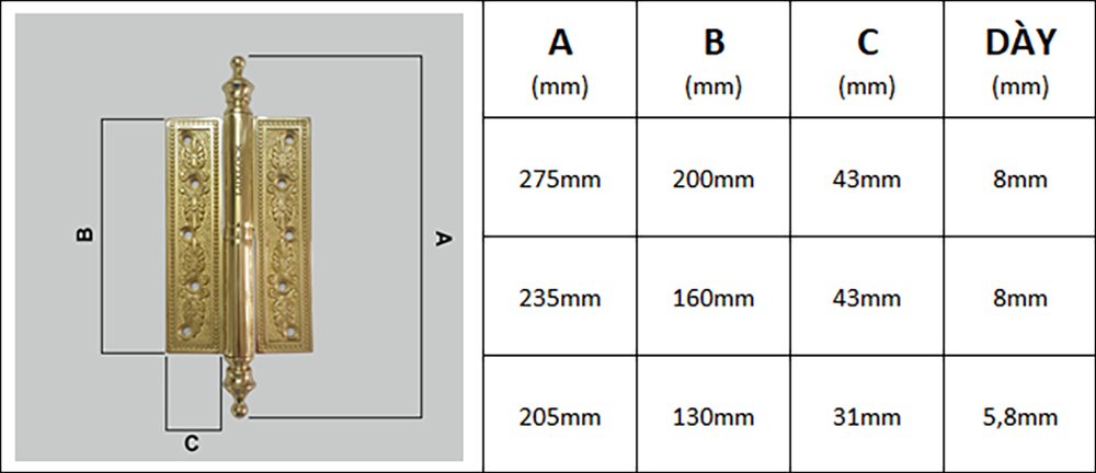 Thông số kỹ thuật bản lề cối đồng thau BL026