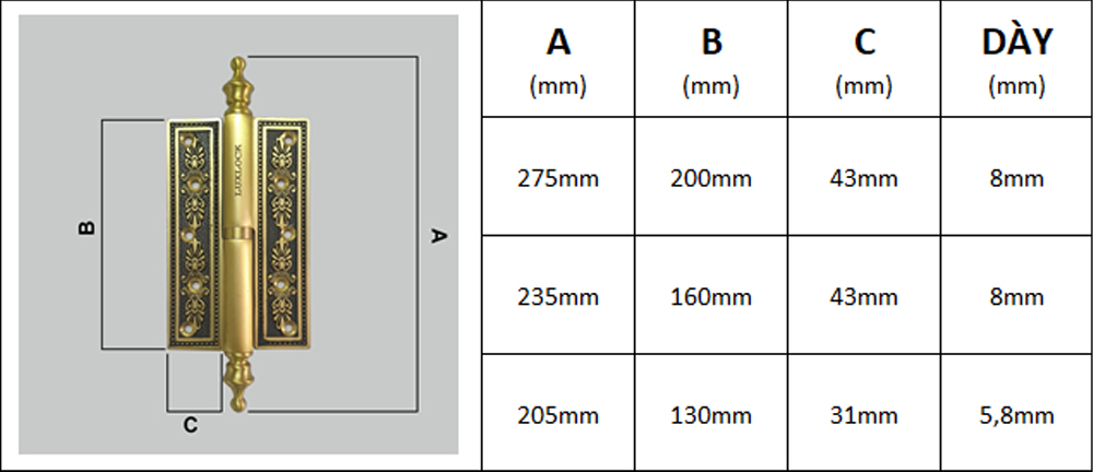 Thông số kỹ thuật bản lề cối đồng thau BL027