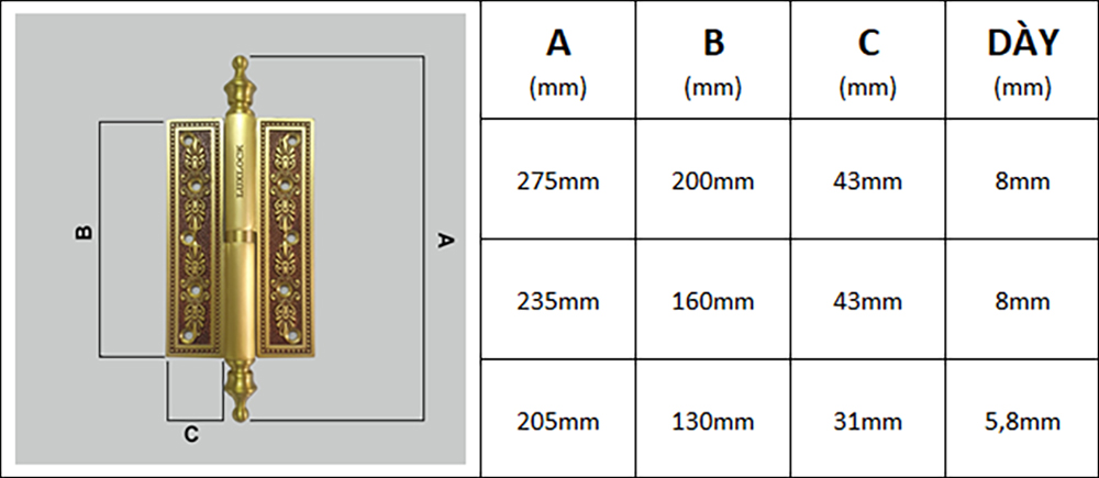 Thông số kỹ thuật bản lề cối đồng thau BL028