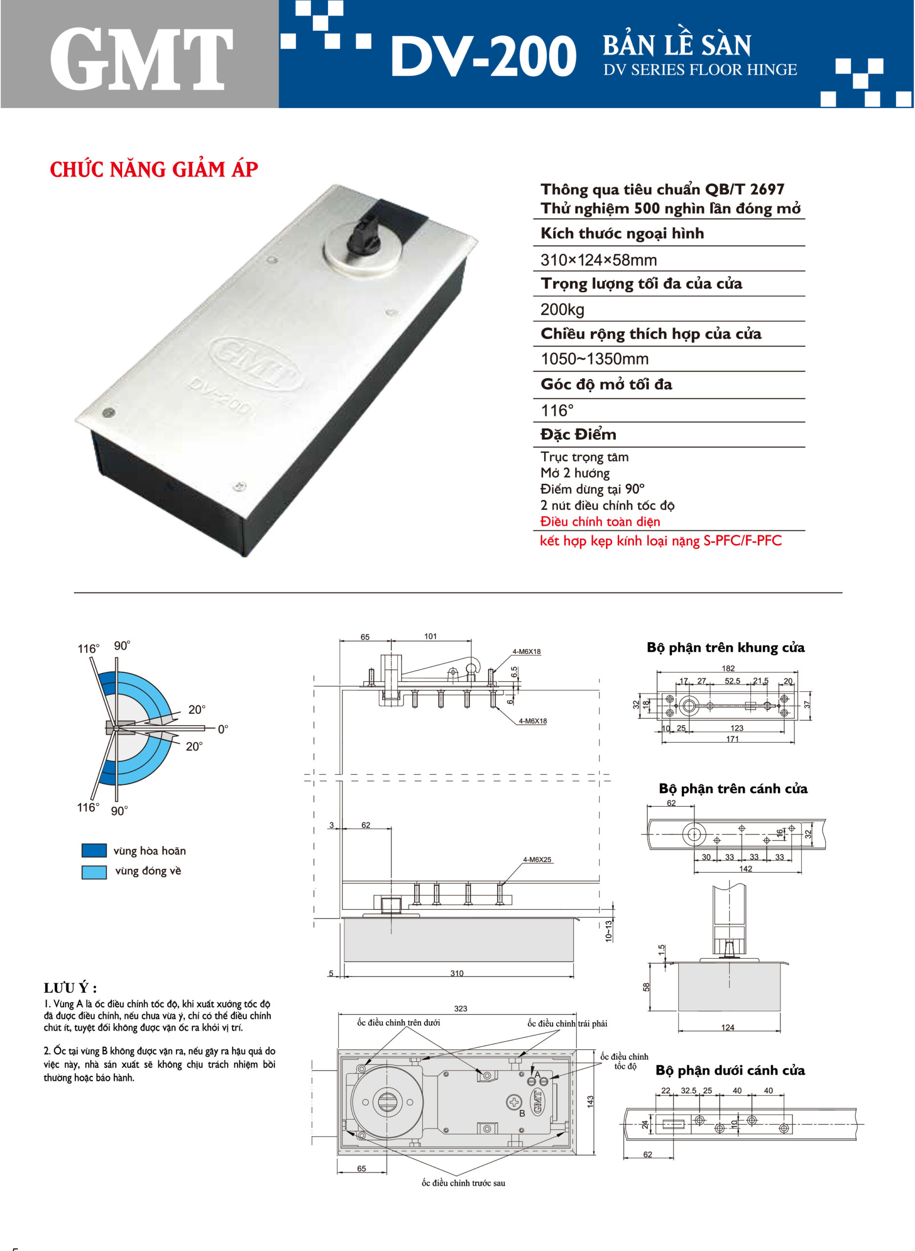 Thông số kỹ thuật bản lề sàn GMT DV-200 200kg
