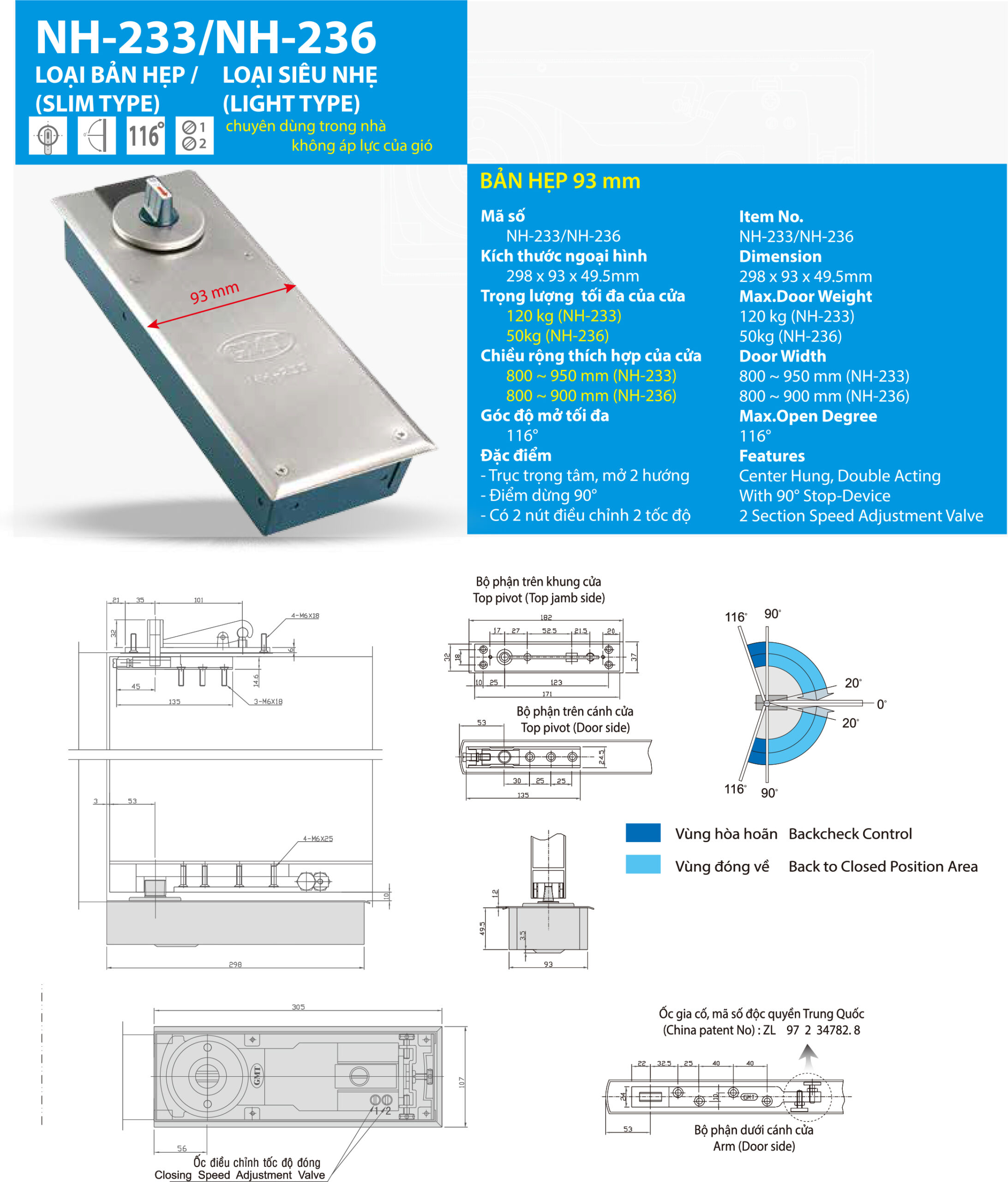 Thông số kỹ thuật bản lề sàn GMT NH-236 50kg