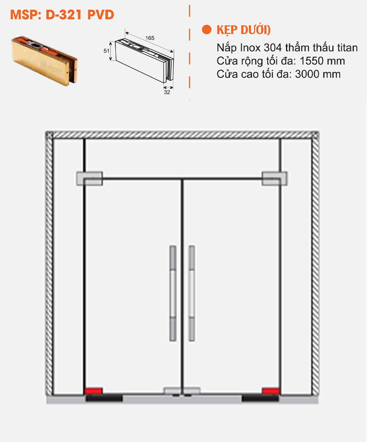 Thông số kỹ thuật kẹp kính dưới ADLER D321PVD màu vàng