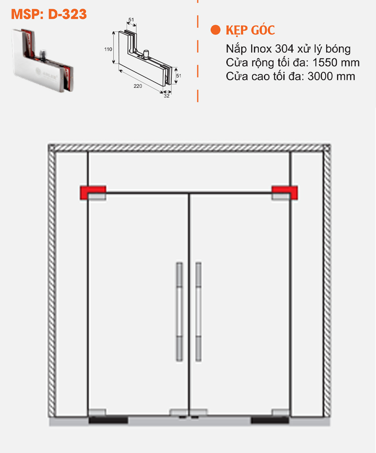 Thông số kỹ thuật kẹp kính góc L ADLER D323