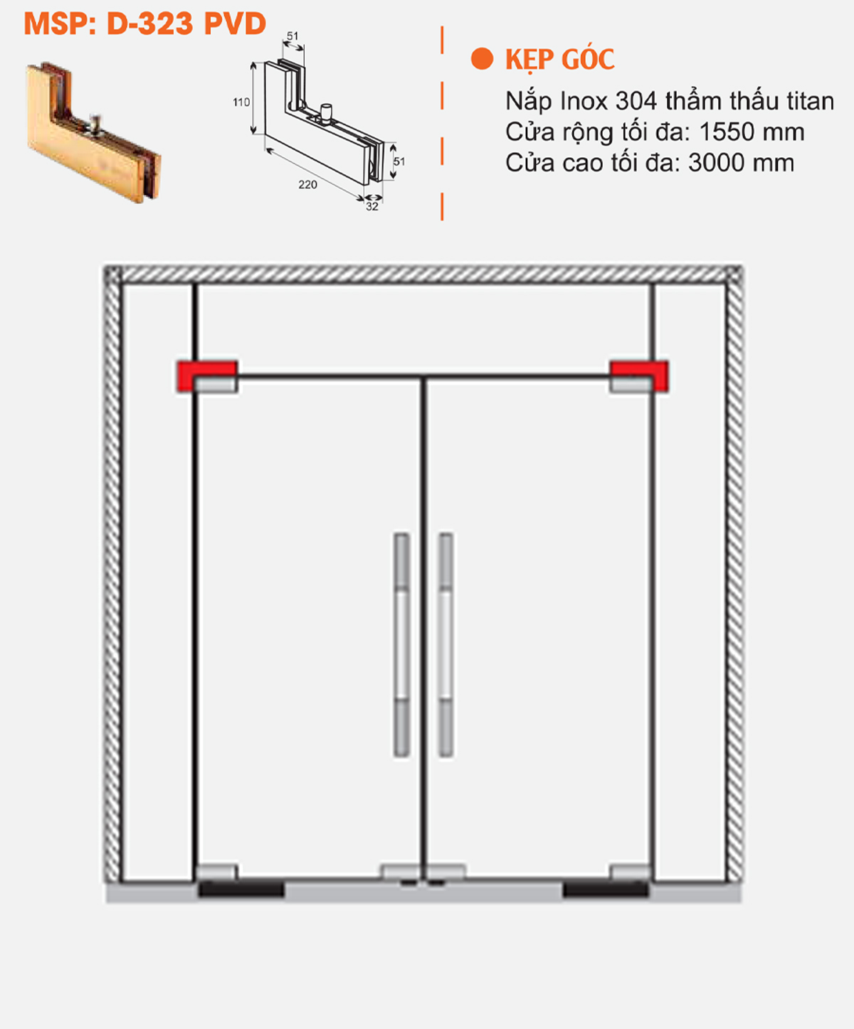 Thông số kỹ thuật kẹp kính góc L ADLER D323PVD màu vàng
