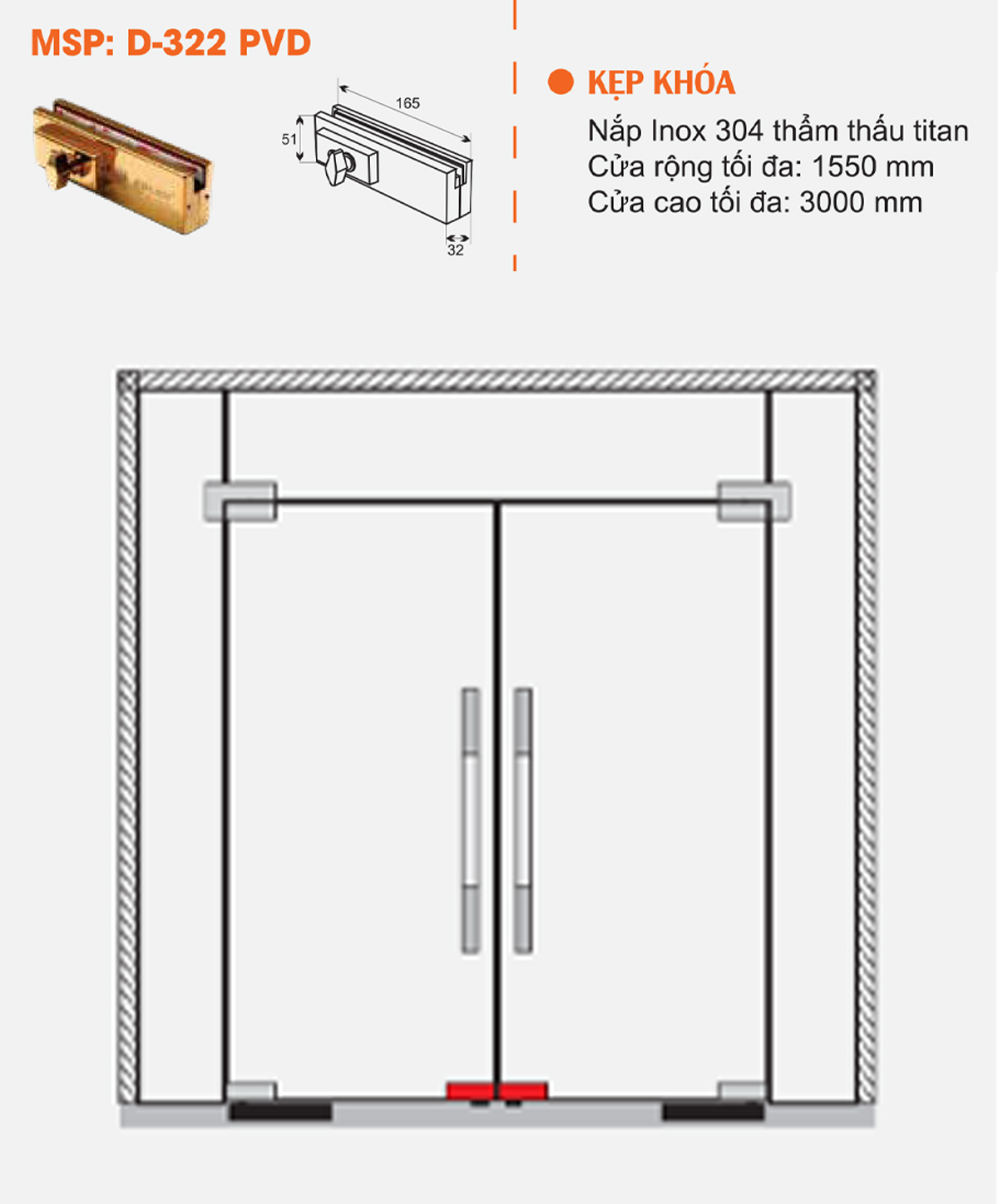 Thông số kỹ thuật kẹp kính khóa ADLER D322PVD màu vàng