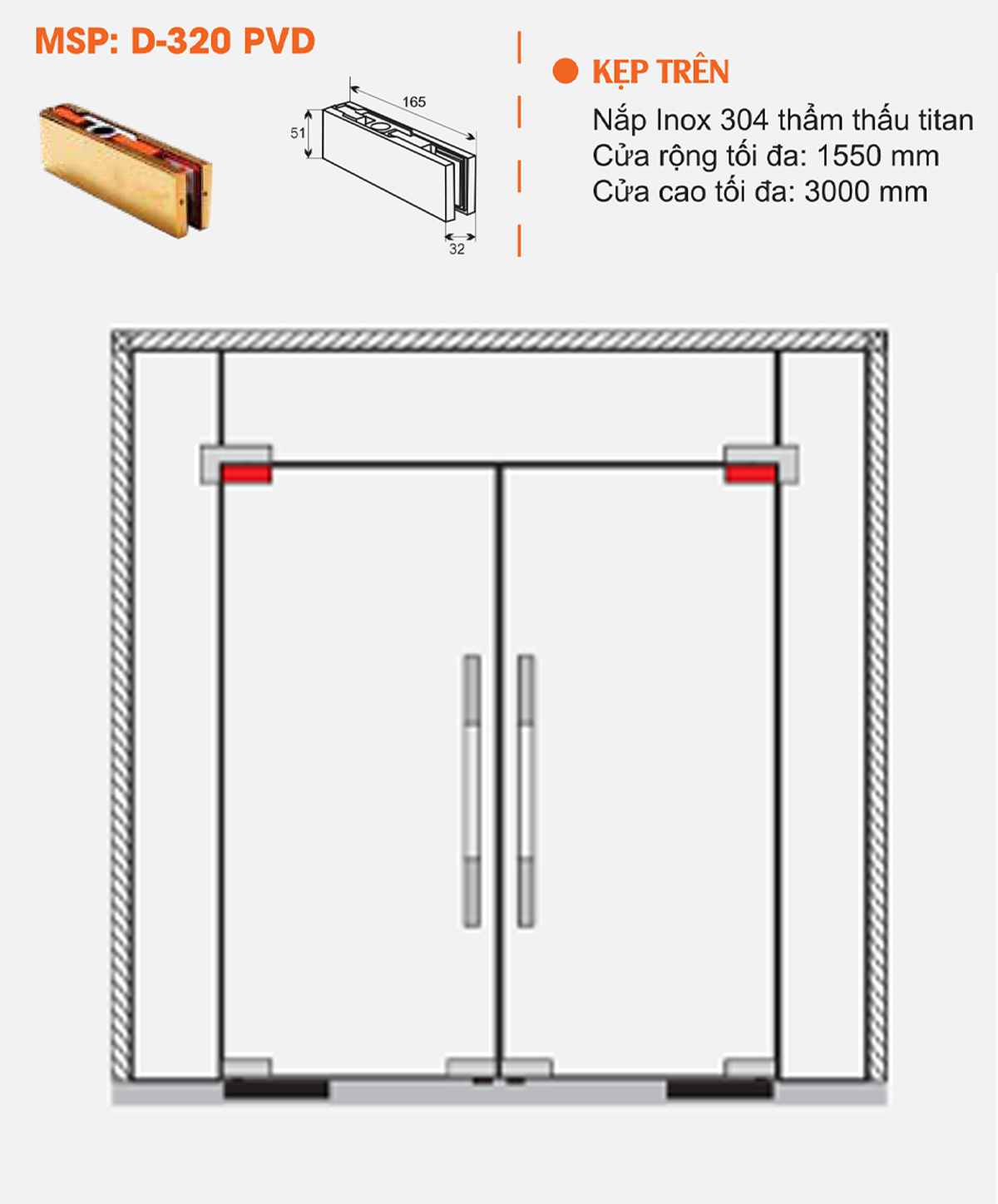 Thông số kỹ thuật kẹp kính trên ADLER D320PVD màu vàng