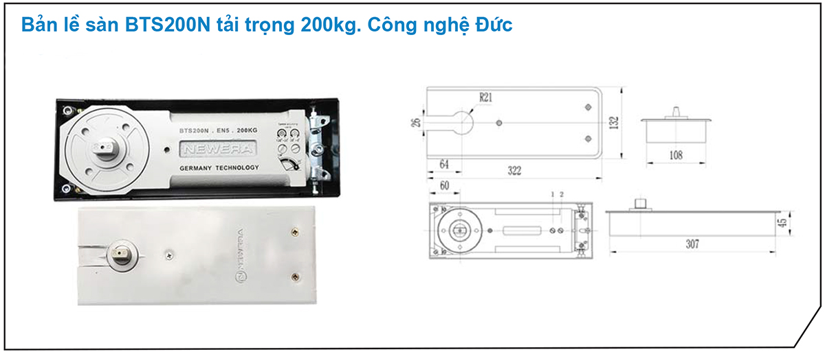 Thông số kỹ thuật Bản lề sàn NewEra BTS200N 