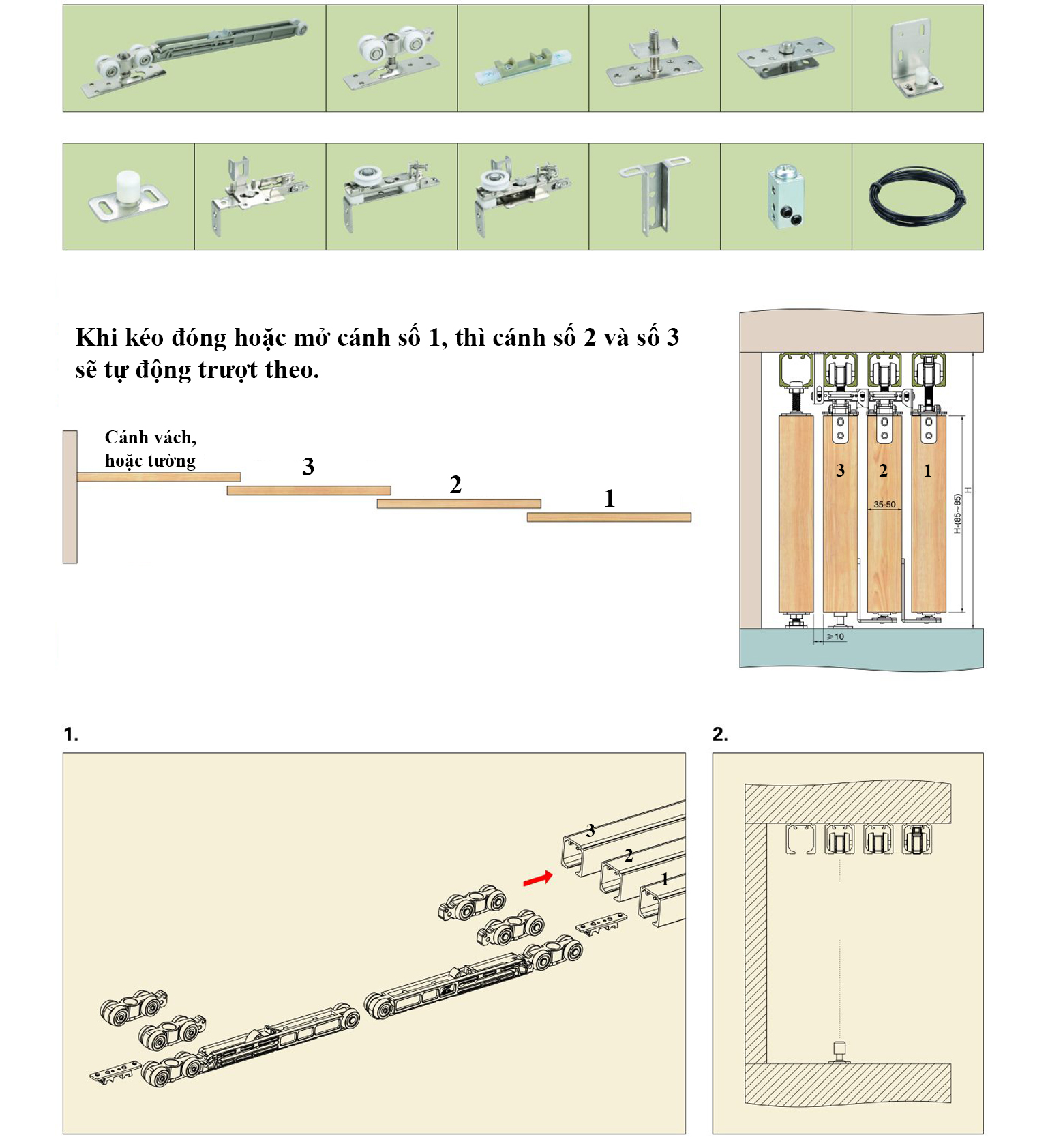 Bộ bánh xe lùa 3 cánh bán tự động BXL008-172A có giảm chấn