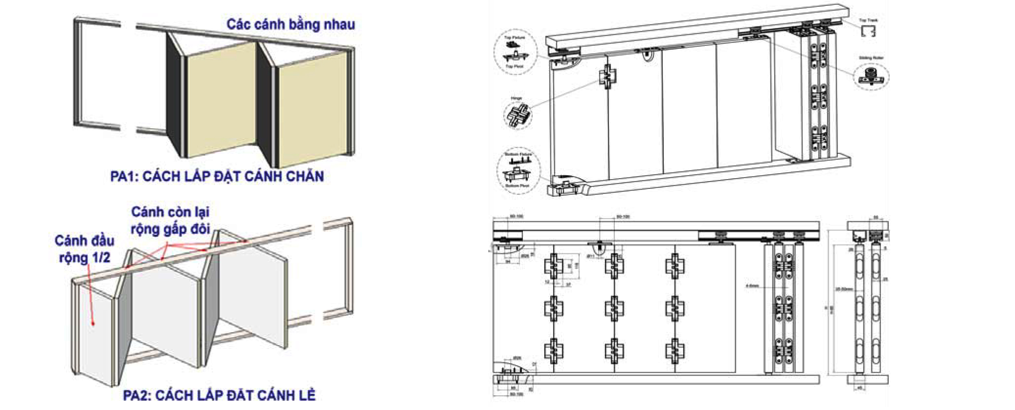 Phương án lắp đặt cánh chẵn và cánh lẻ dành cho bộ phụ kiện lùa BXL010-330C và bộ BXL009-328C