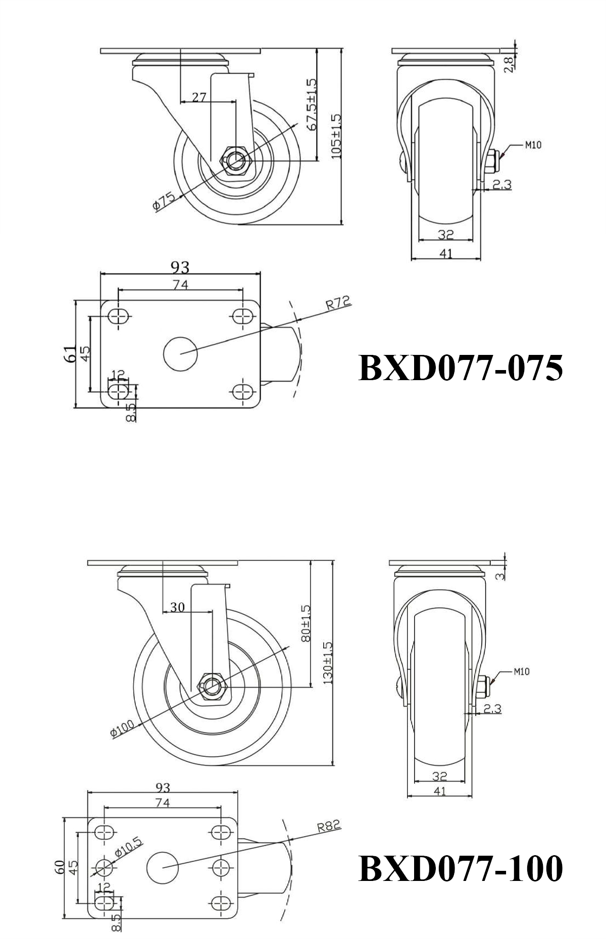 Thông số kỹ thuật bánh xe đẩy TPR xanh lam BXD077 xoay 360