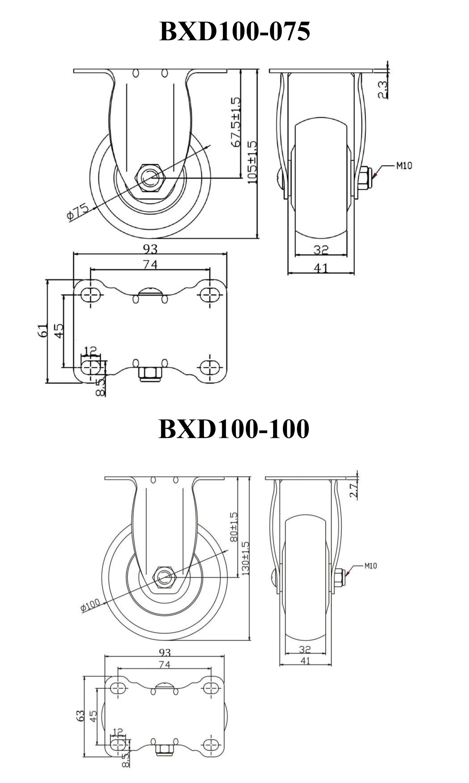 Thông số kỹ thuật bánh xe đẩy nhựa TPR BXD100 cố định