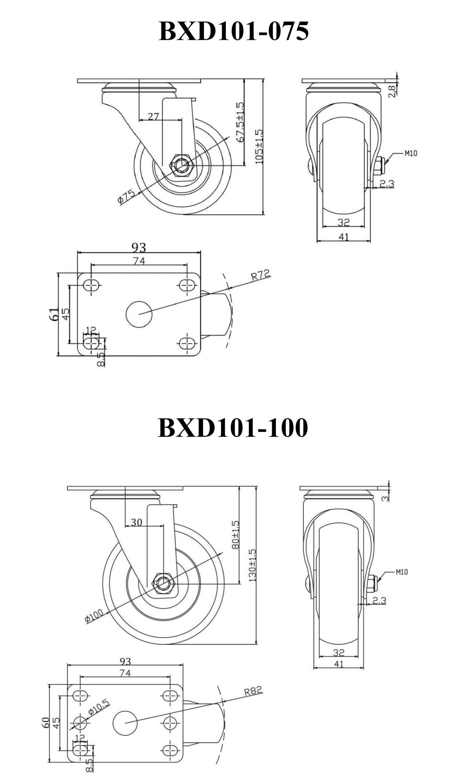 Thông số kỹ thuật bánh xe đẩy nhựa TPR BXD101 xoay 360