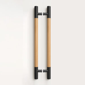 Tay nắm cửa TN114 đầu inox đen mờ, thân gỗ sồi ø38