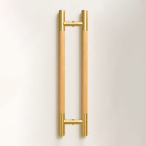 Tay nắm cửa TN122 đầu inox vàng xước, thân gỗ sồi ø38