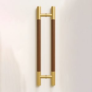 Tay nắm cửa TN123 đầu inox vàng xước, thân gỗ óc chó ø38